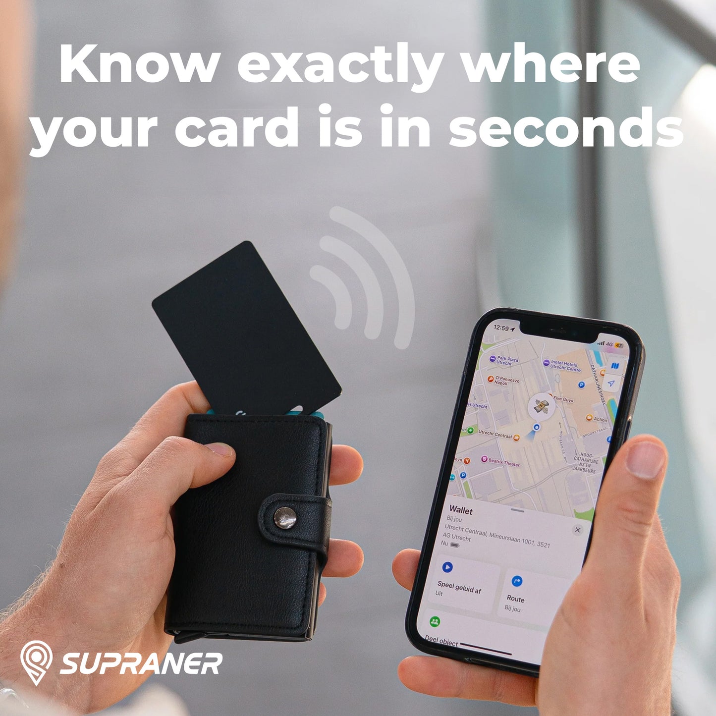 Tarjeta localizadora ultrafina recargable compatible con Apple Find My (iOS) y Google Find My Device (Android)