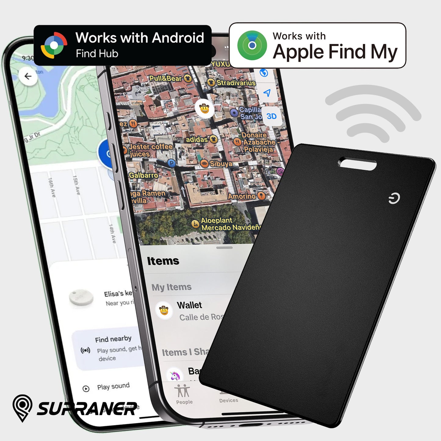 Tarjeta localizadora ultrafina recargable compatible con Apple Find My (iOS) y Google Find My Device (Android)
